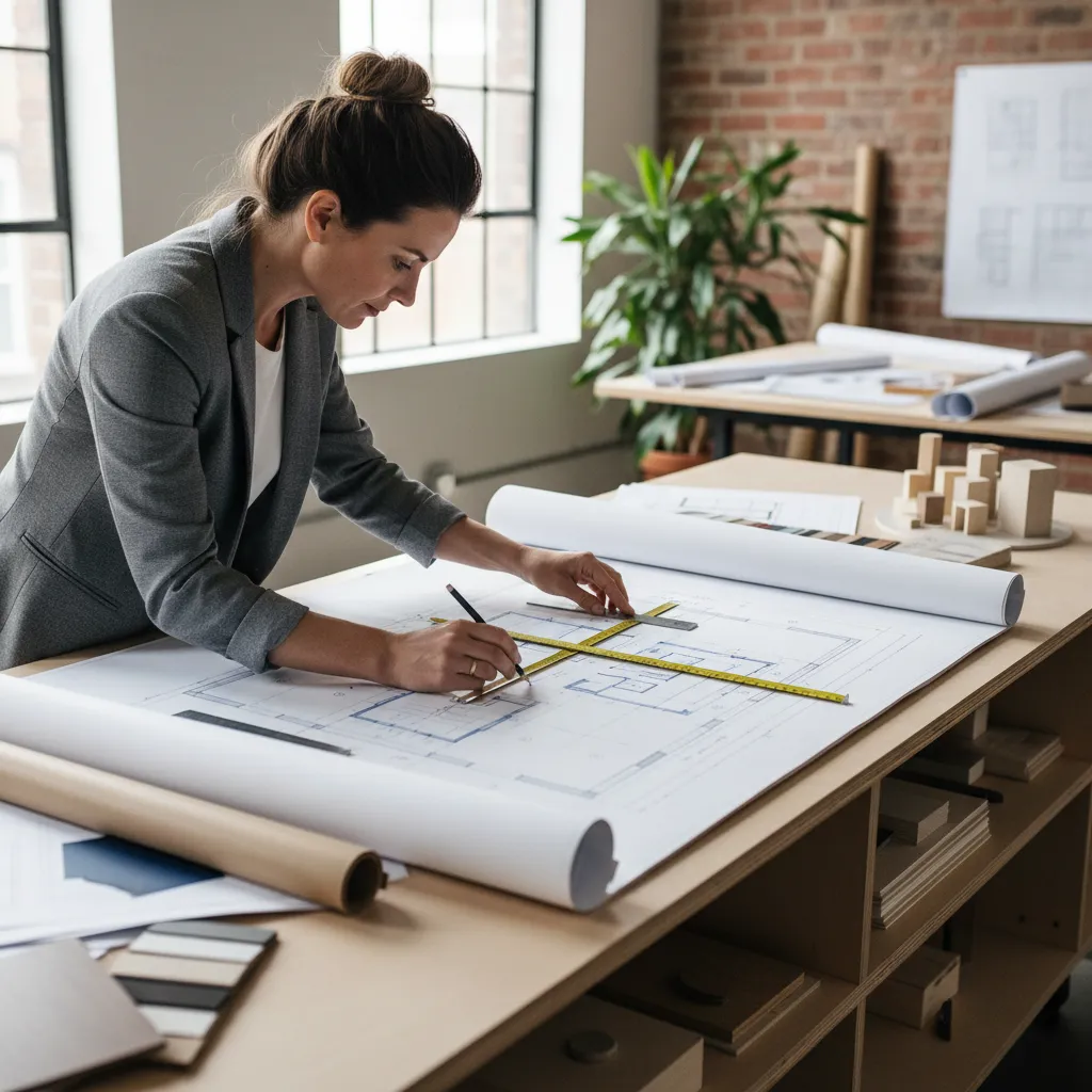 Diseñador revisando un plano de vivienda en papel con medidas y distribución