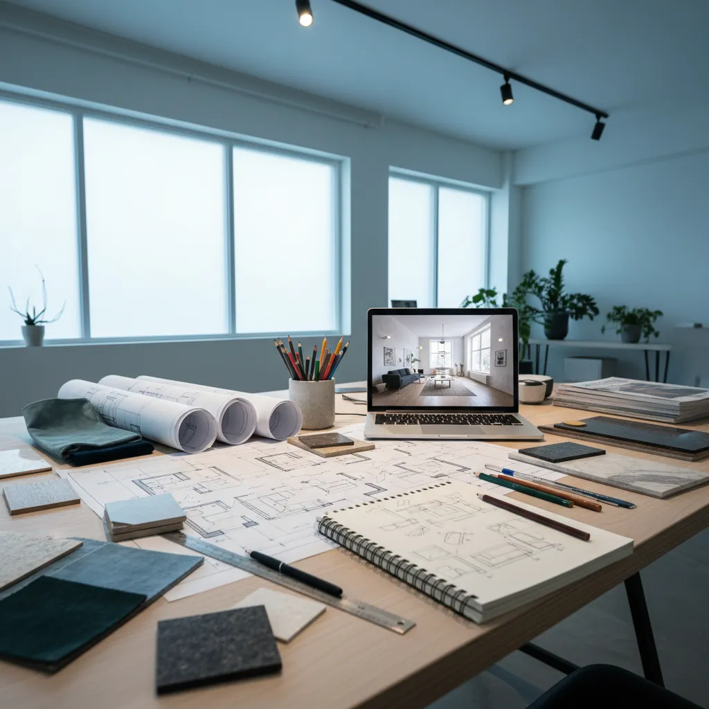 mesa de trabajo con planos, muestras de materiales y render de interior