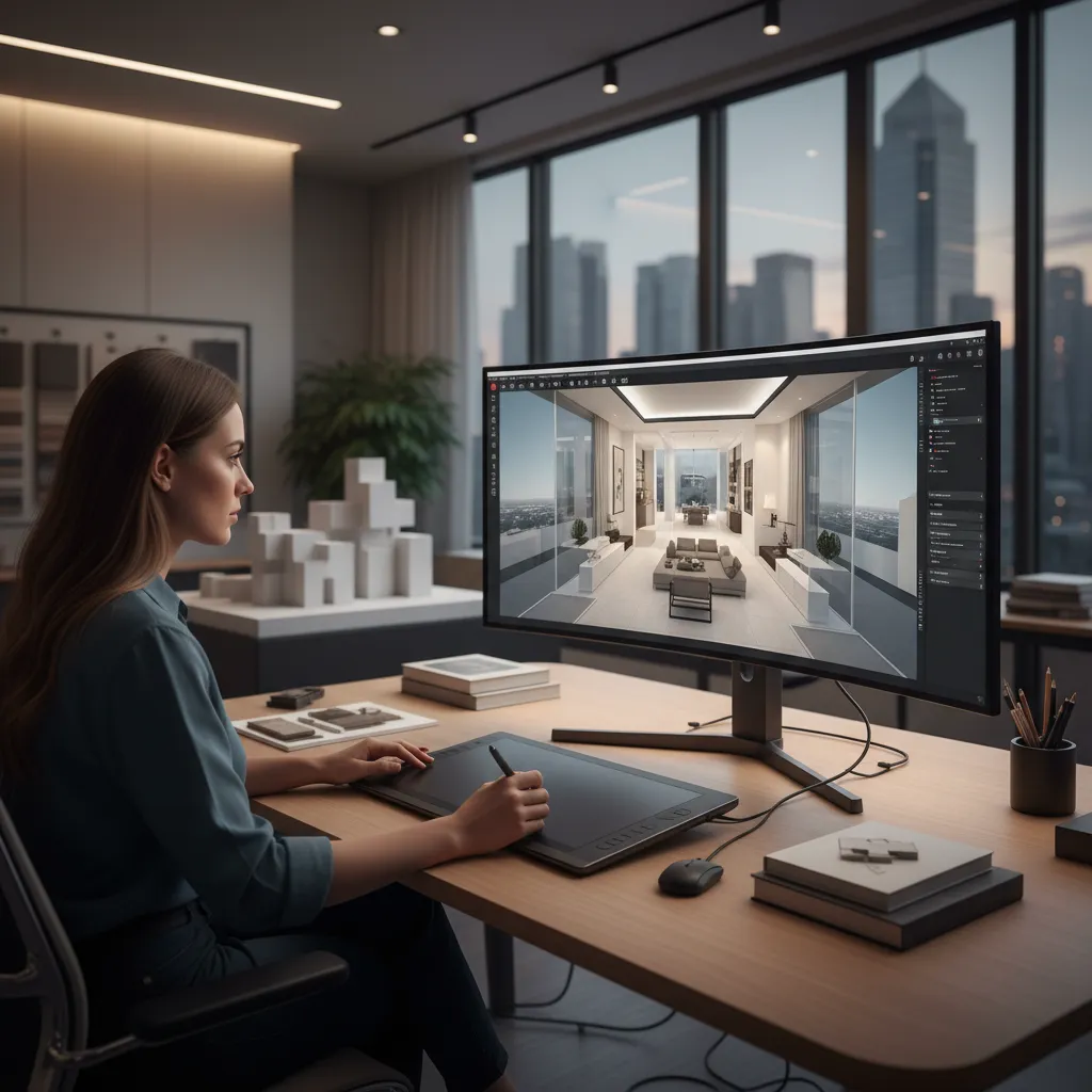 Designer using a tablet to create a living room interior design drawing on a computer