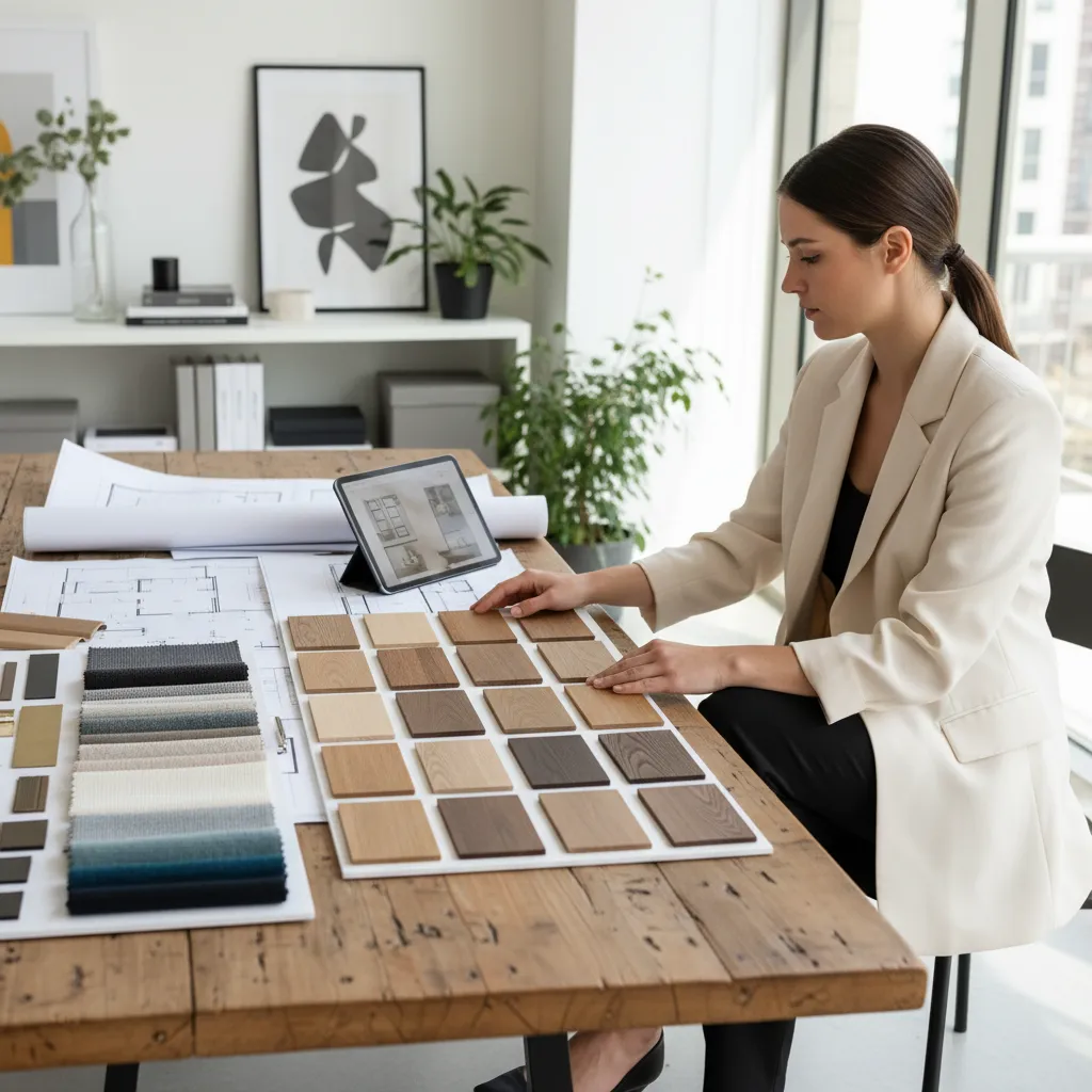 Proceso de diseño de un salón moderno con muestras de materiales