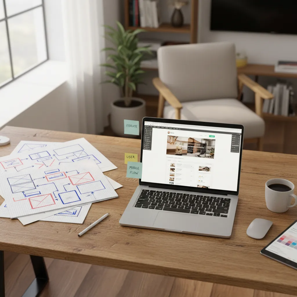 Wooden desk with laptop showing website design next to paper sketches and colorful sticky notes