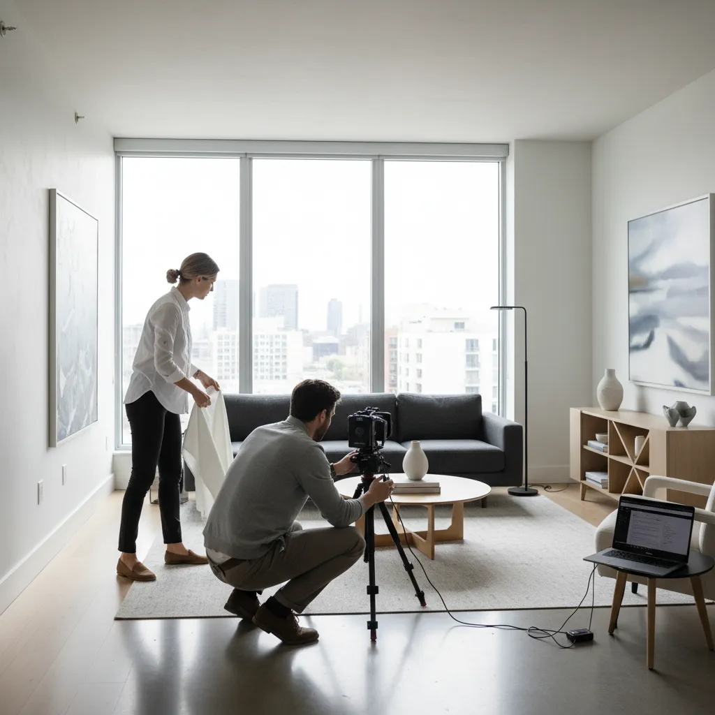 Fotógrafo de interiores ajustando cámara en un proyecto de diseño