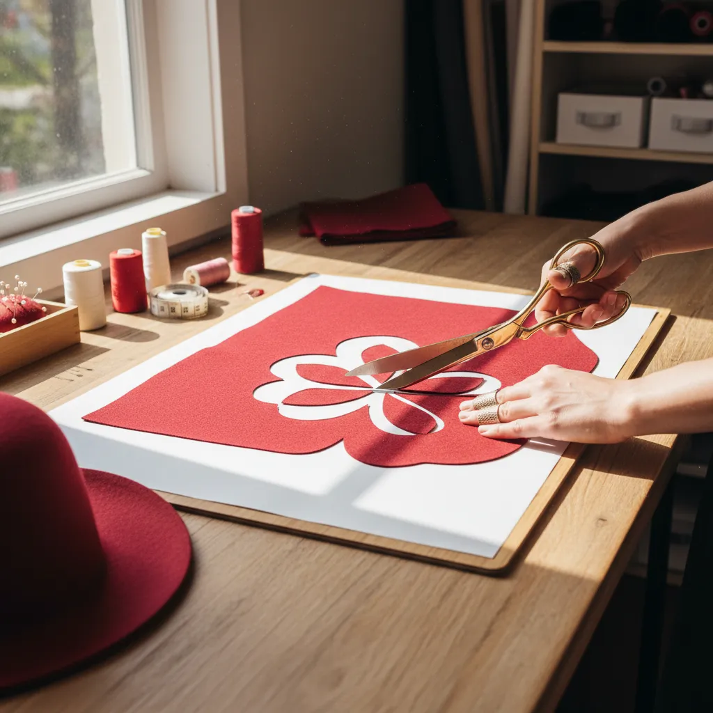 Proceso de cortar tela roja para hacer un sombrero en casa