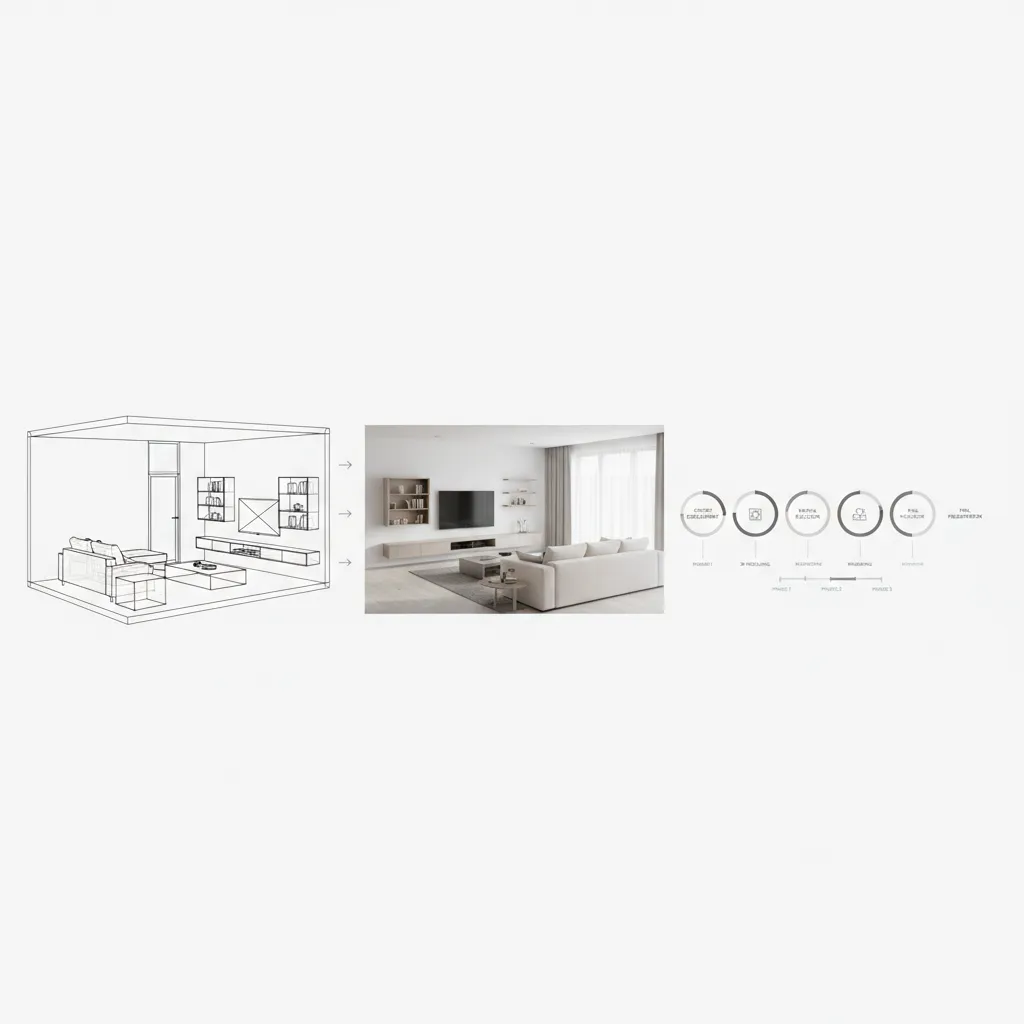 Graphic showing living room sketch, final interior design drawing, and a process timeline with icons