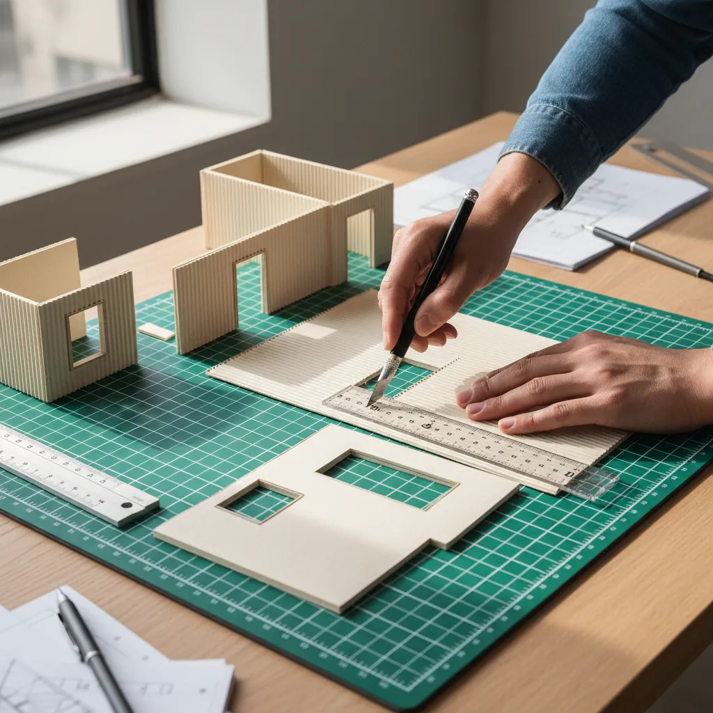 Proceso de corte y montaje de una maqueta de cartón para diseño interior