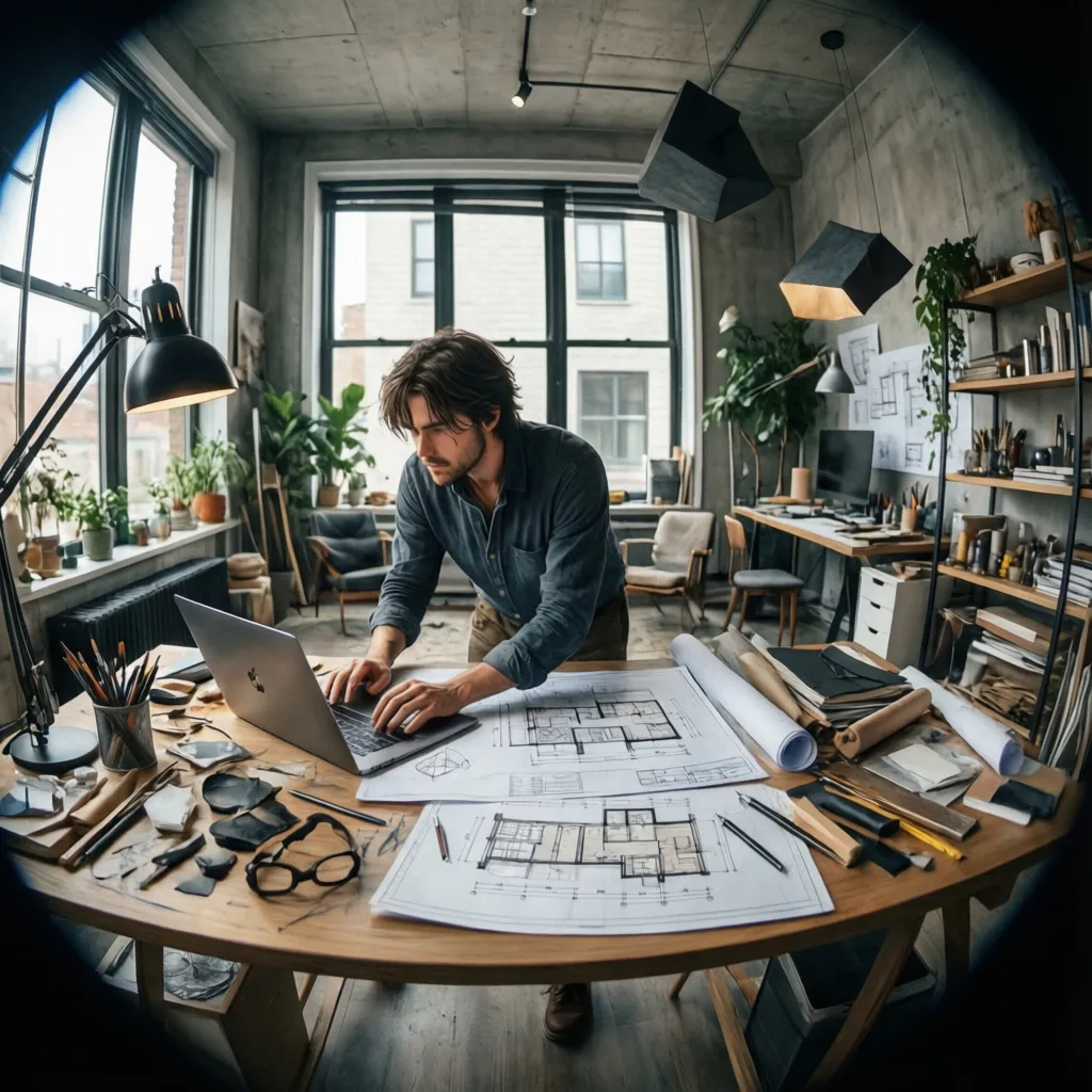 Diseñador de interiores trabajando en planos y ordenador