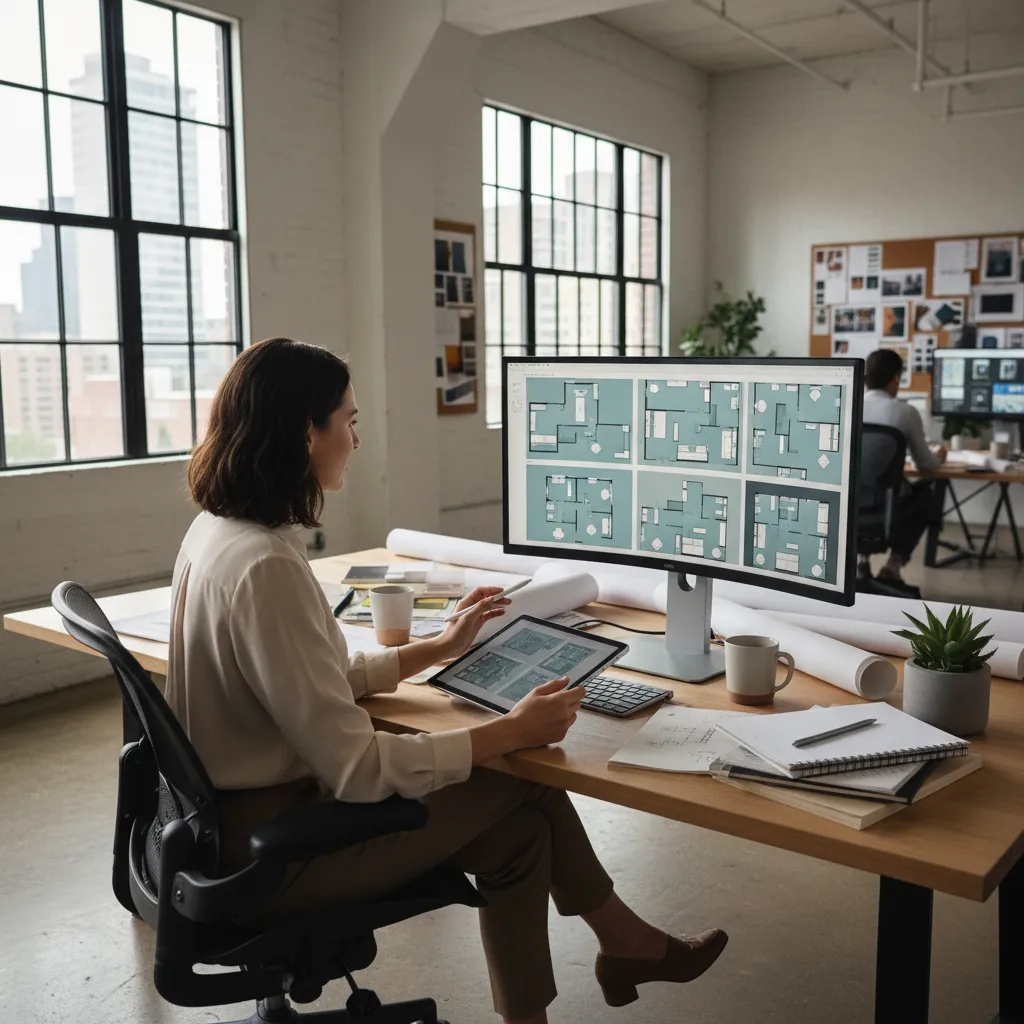 Diseñador revisando diferentes opciones de distribución en un ordenador