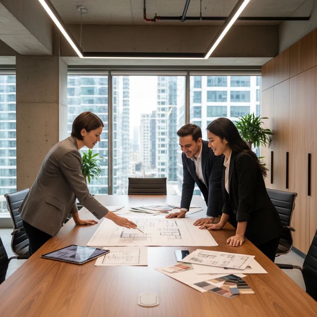 Three people in an office discussing interior design floor plan on a large wooden table