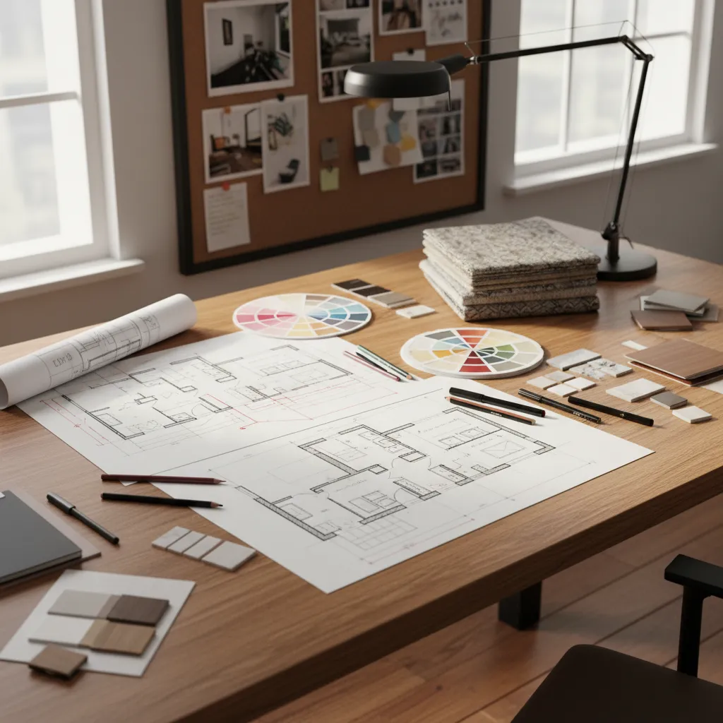 Mesa con varias versiones de planos de diseño interior