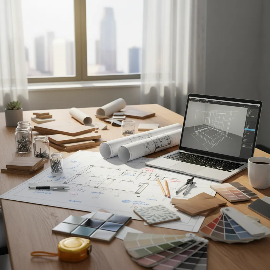 Proceso de reforma interior con planos y materiales de diseño