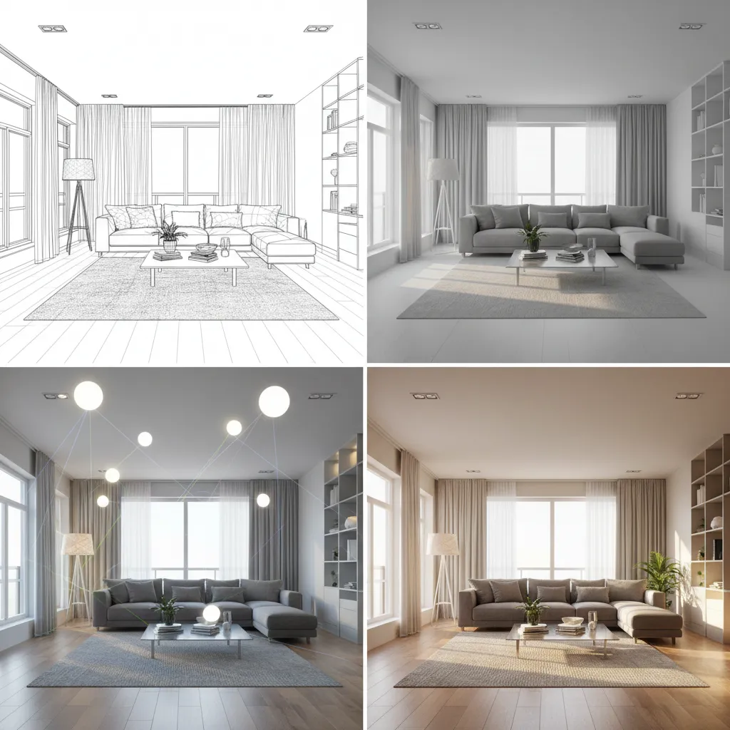 Proceso de creación de render interior desde modelo hasta imagen final