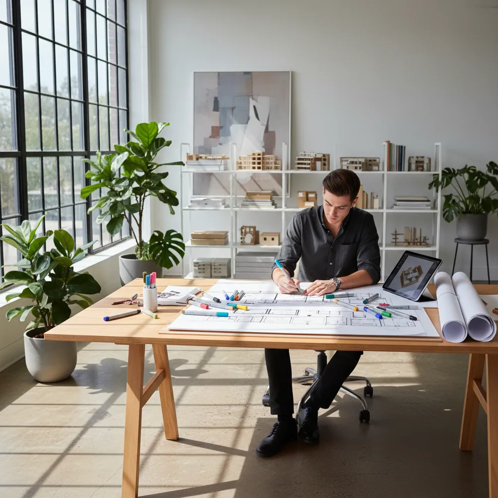 Diseñador trabajando en bocetos conceptuales para un proyecto interior