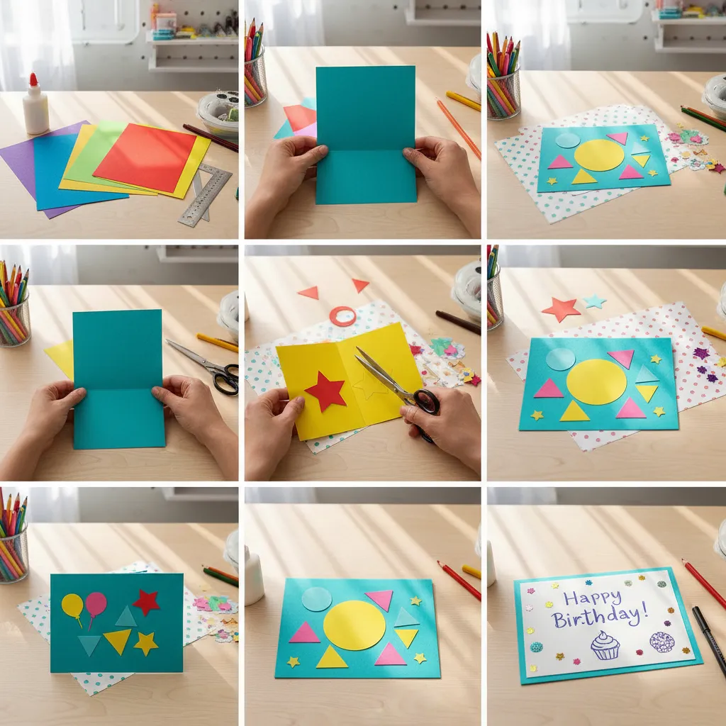 Proceso paso a paso de hacer una tarjeta de cumpleaños doblando cartulina y decorándola