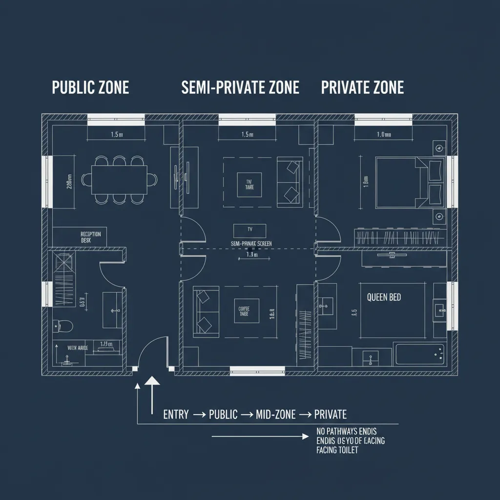Top-down CAD plan showing public-to-private gradient from foyer to bedroom