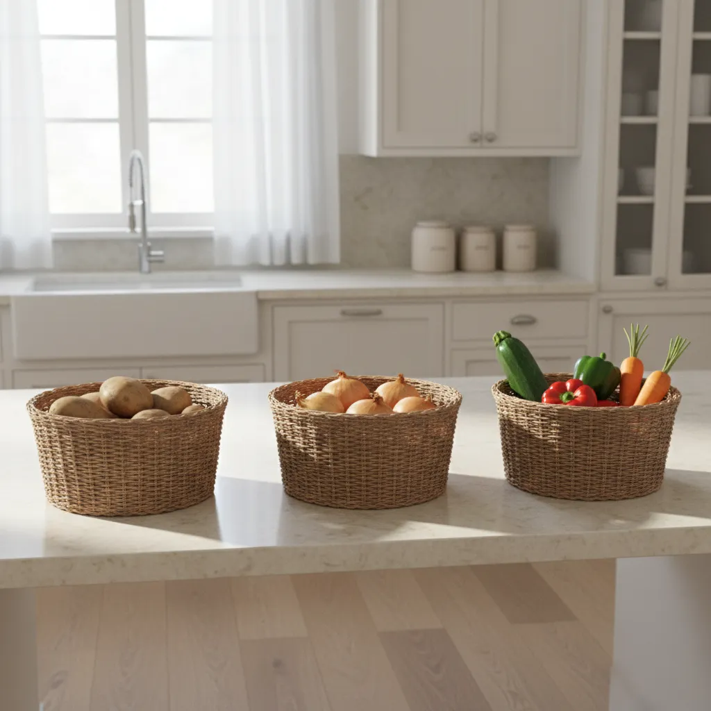 wicker baskets storing vegetables on a kitchen counter with natural lighting