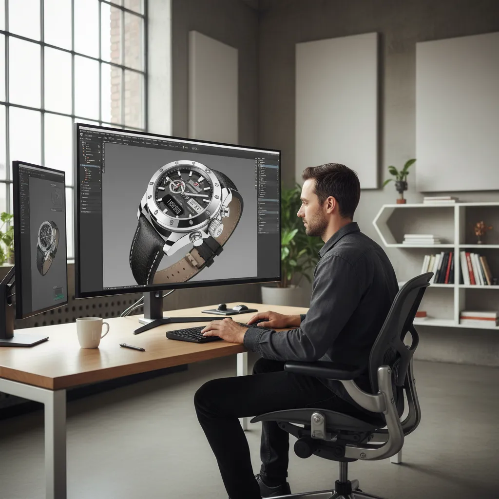 Industrial designer creating a 3D rendered product model on a workstation