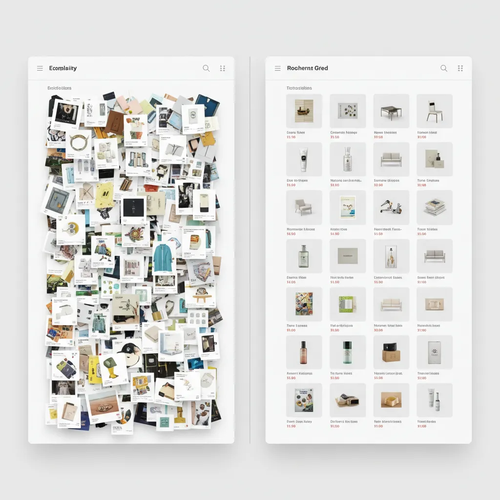 Comparison of cluttered product grid versus clean ecommerce grid layout