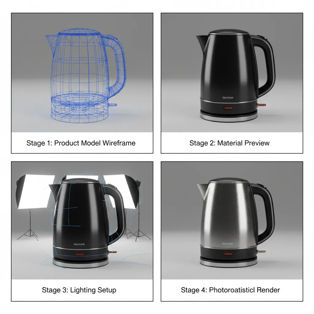 visual workflow showing modeling lighting and rendering stages