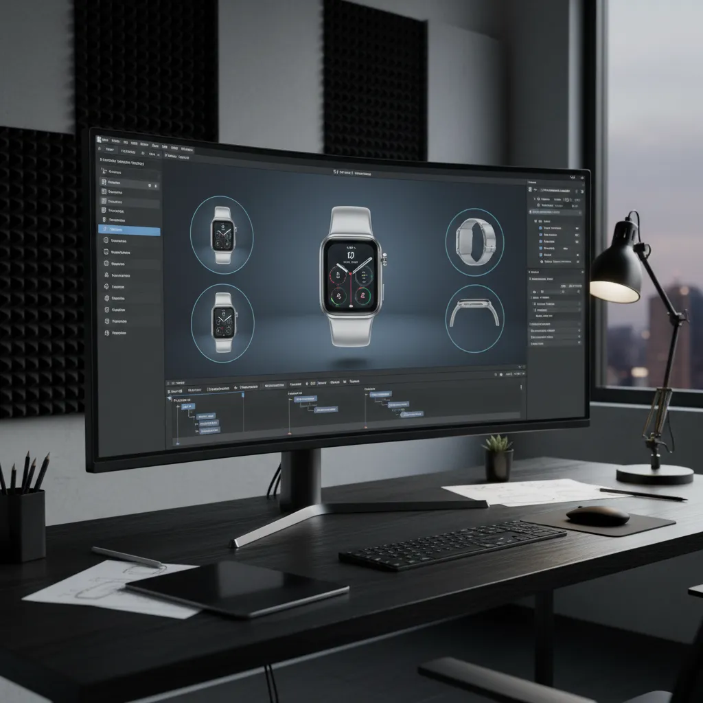 3D rendering software interface showing camera angles around product model