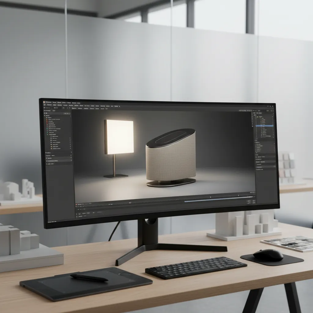 Photorealistic product render displayed on design workstation