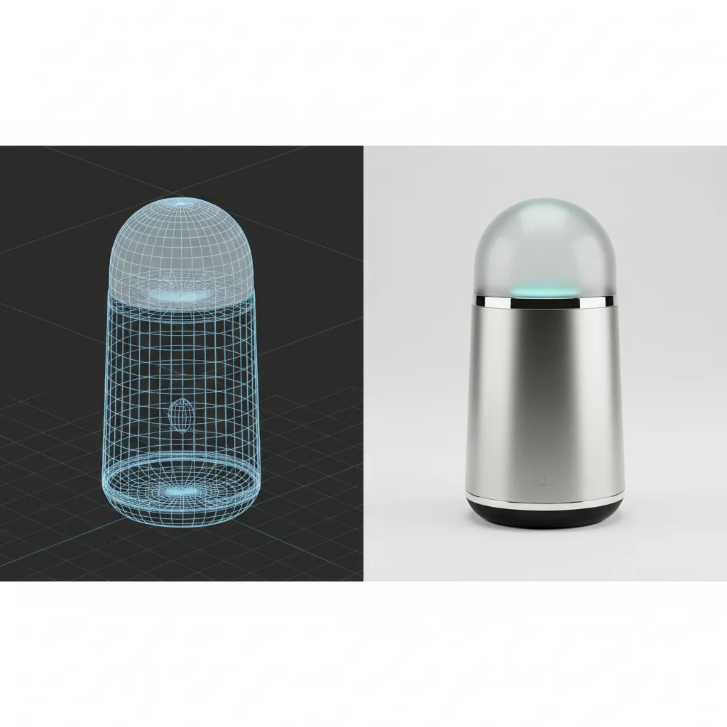 3D modeling wireframe transforming into photorealistic product render