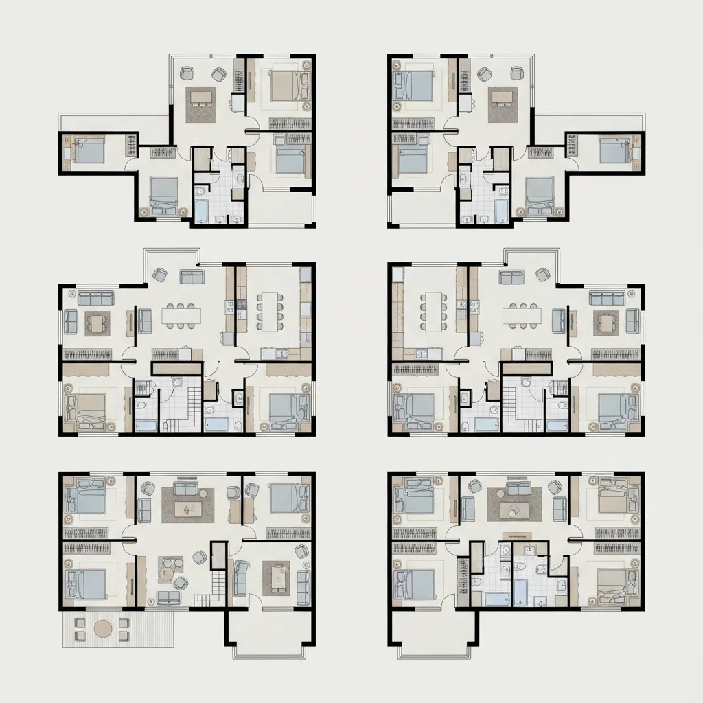 Multiple mirrored versions of a suburban 3 bedroom home floor plan