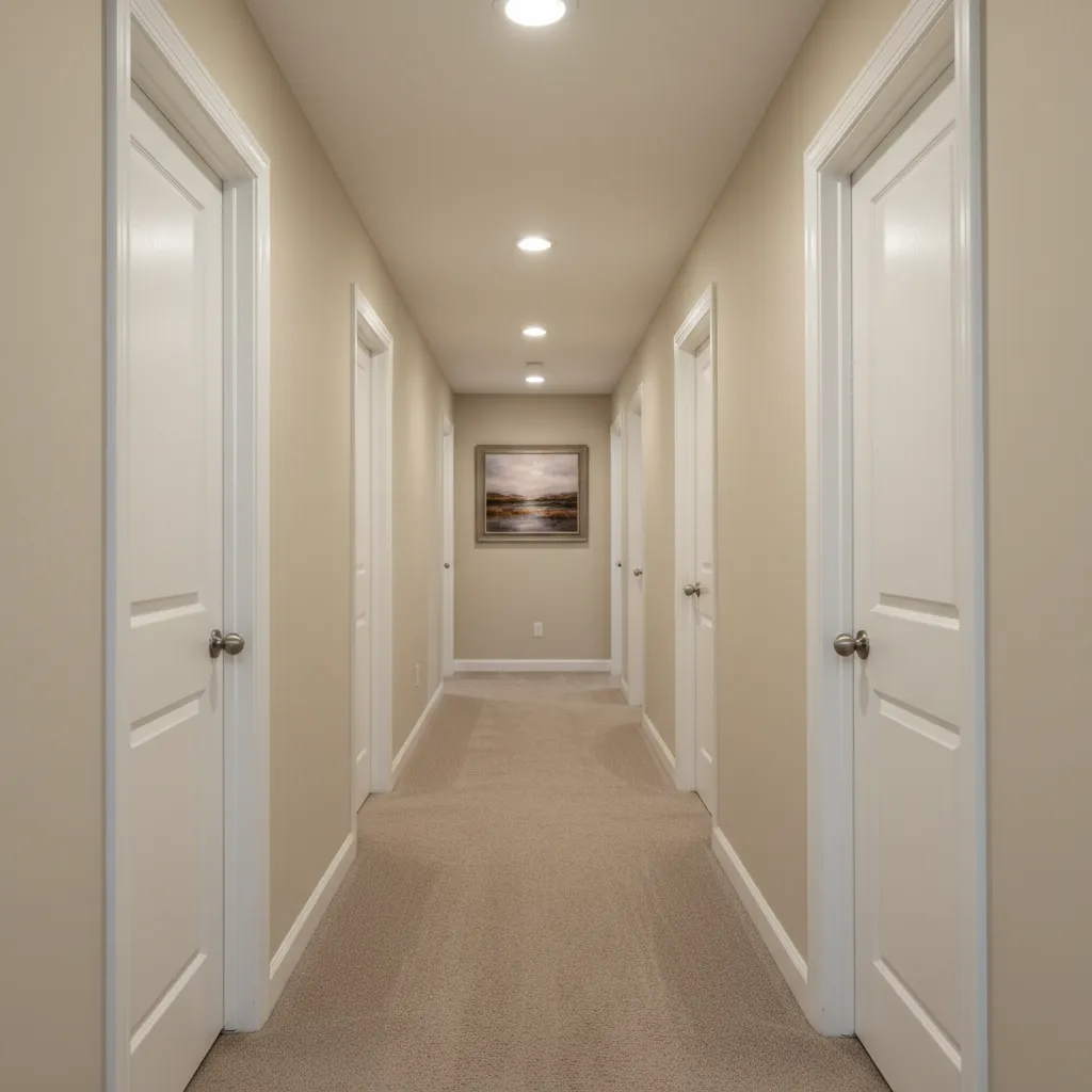 Long narrow hallway with beige walls carpet flooring white doors and ceiling lights with wall art