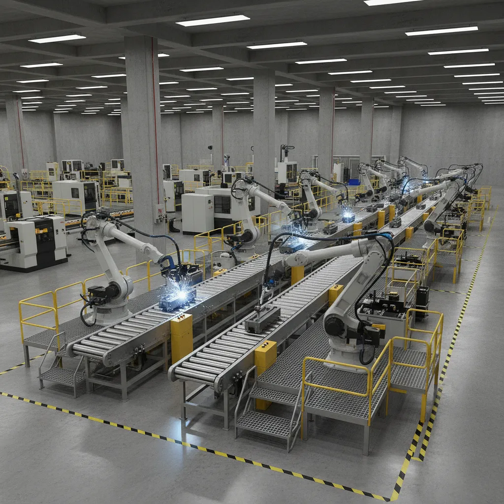 production line layout with conveyors and robotic arms arranged in factory planning model