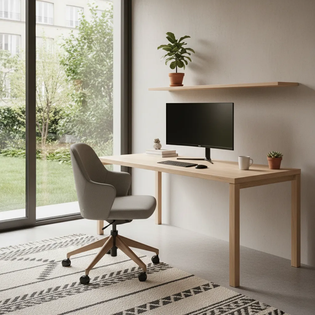 Home office desk positioned beside a window with balanced natural lighting
