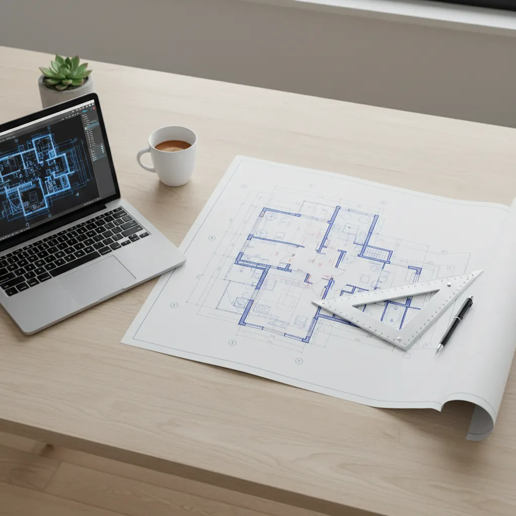 Clean architectural 2D floor plan drawing displayed on a designer desk