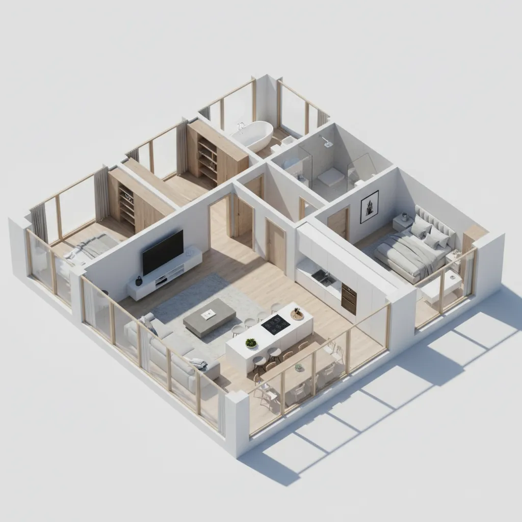 3D rendered house floor plan visualization used by designers