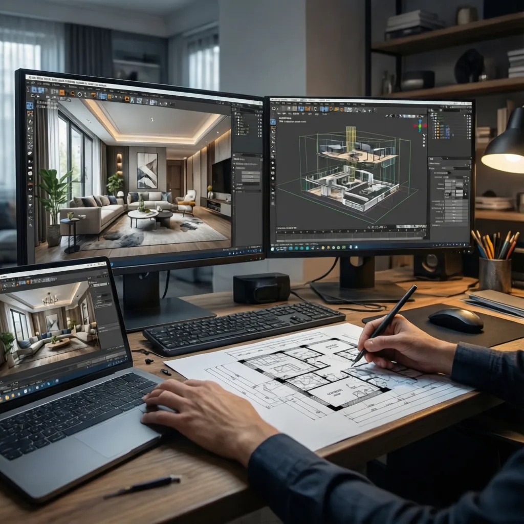 Diseñador usando varias herramientas digitales de arquitectura