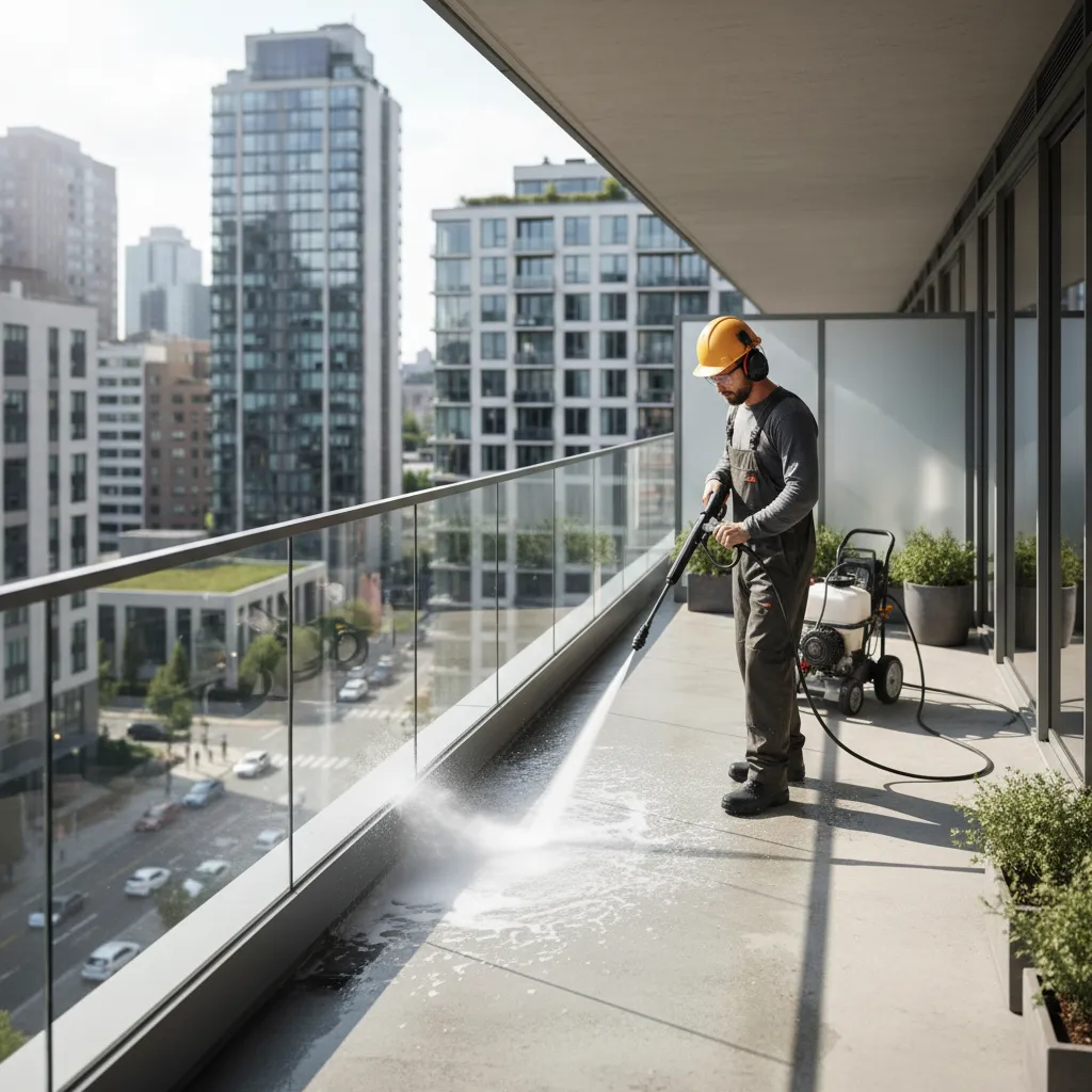 Worker using commercial pressure washer on apartment balcony floor