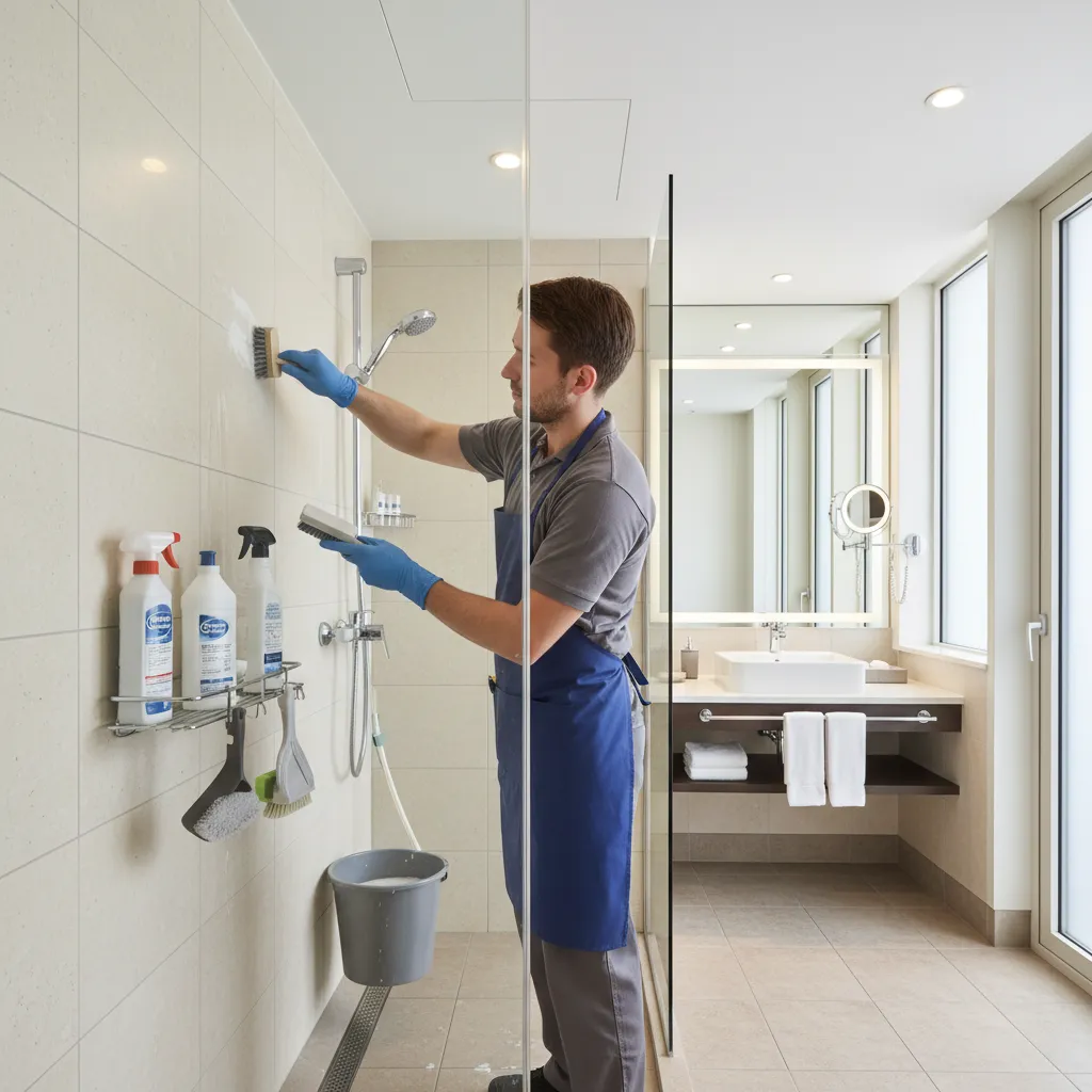 professional cleaner using specialized tools to scrub bathroom tile grout