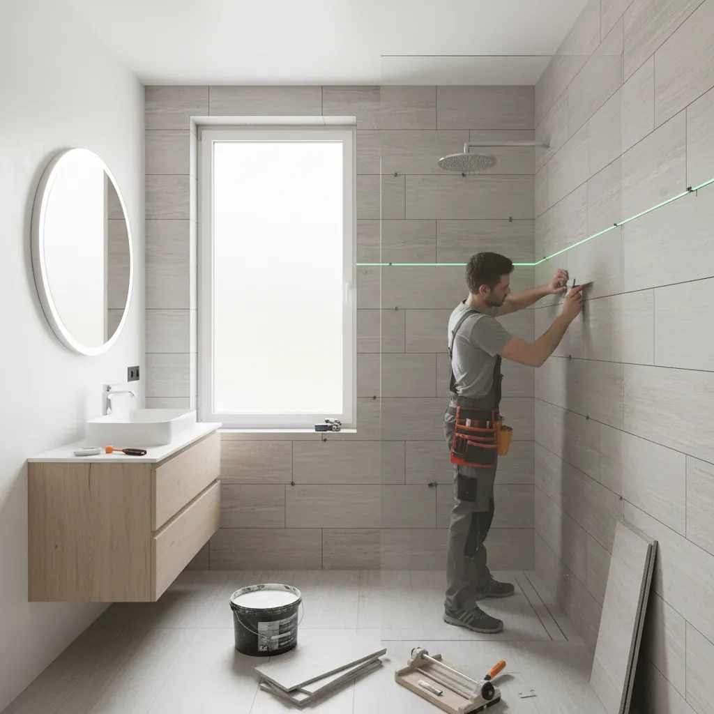 Professional contractor installing tile in a modern bathroom remodel
