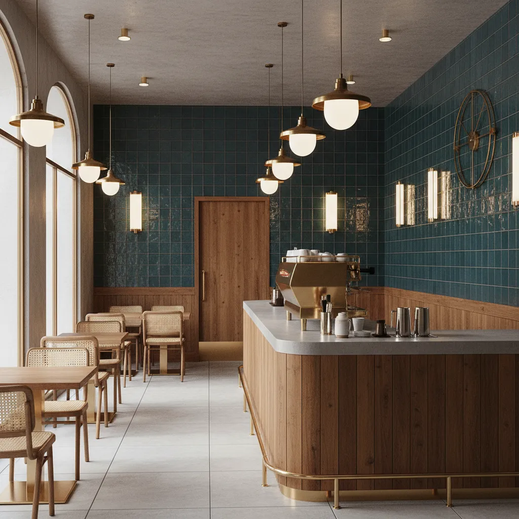 high quality cafe interior render with layered lighting and materials