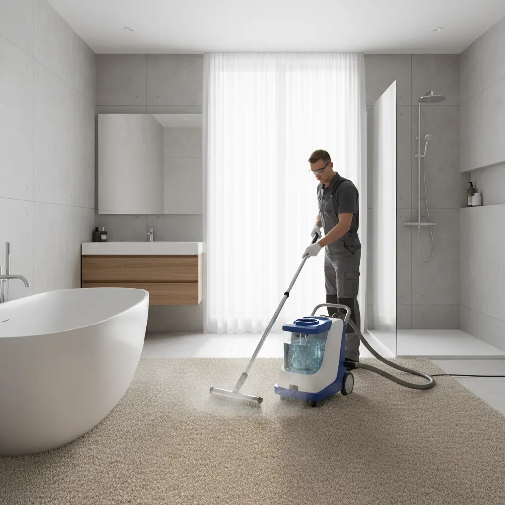 Professional cleaner performing hot water extraction on bathroom carpet