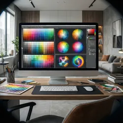 Computer monitor displaying color wheels and palettes on a wooden desk with physical color swatches