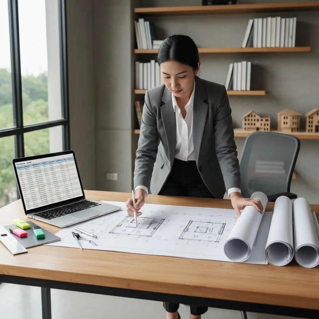 construction estimator reviewing house plans with laptop and cost spreadsheet