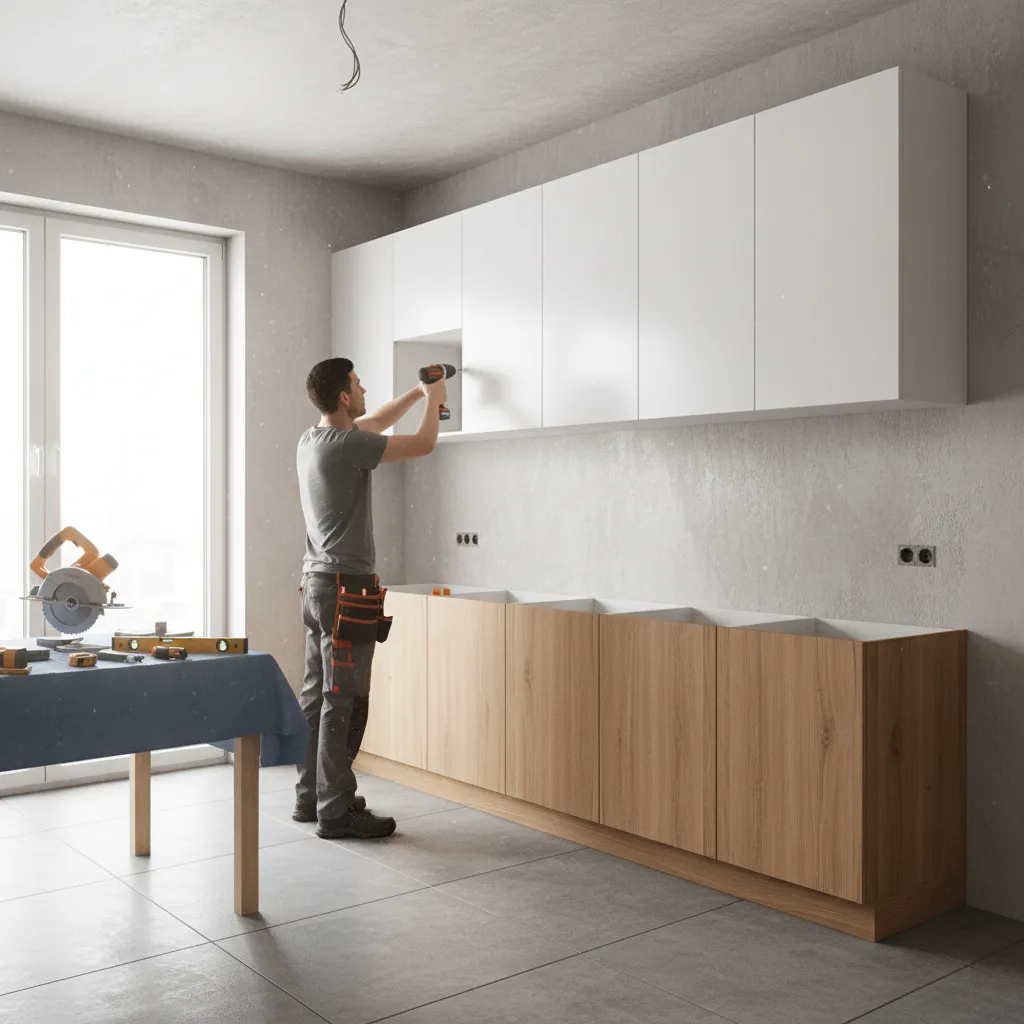 Professional contractor installing kitchen cabinets during home renovation
