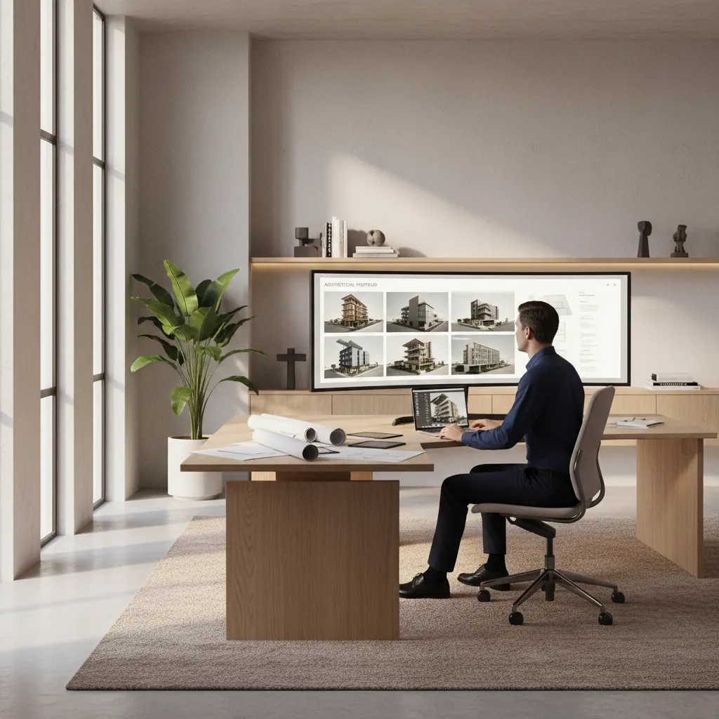 designer reviewing professional architecture portfolio on large screen