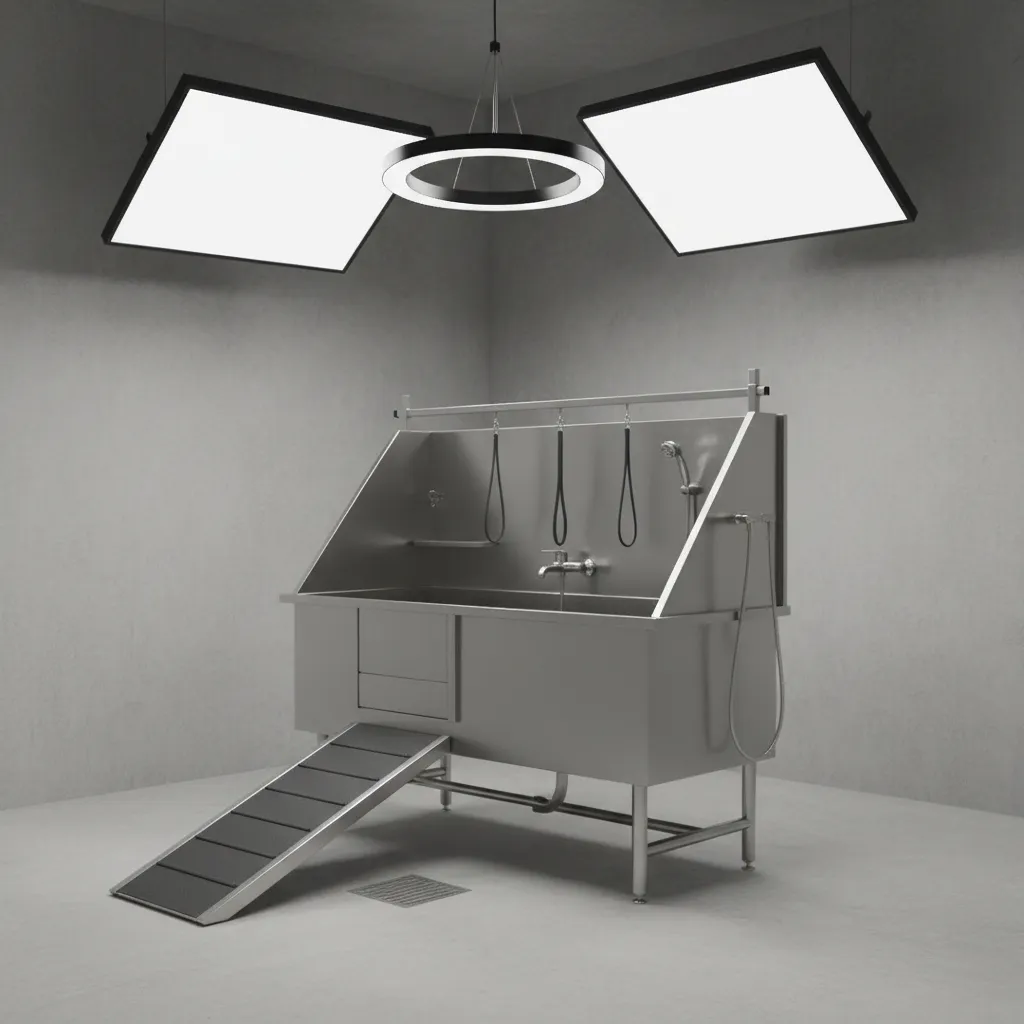 Stainless steel professional dog bathing tub with ramp and restraint bar