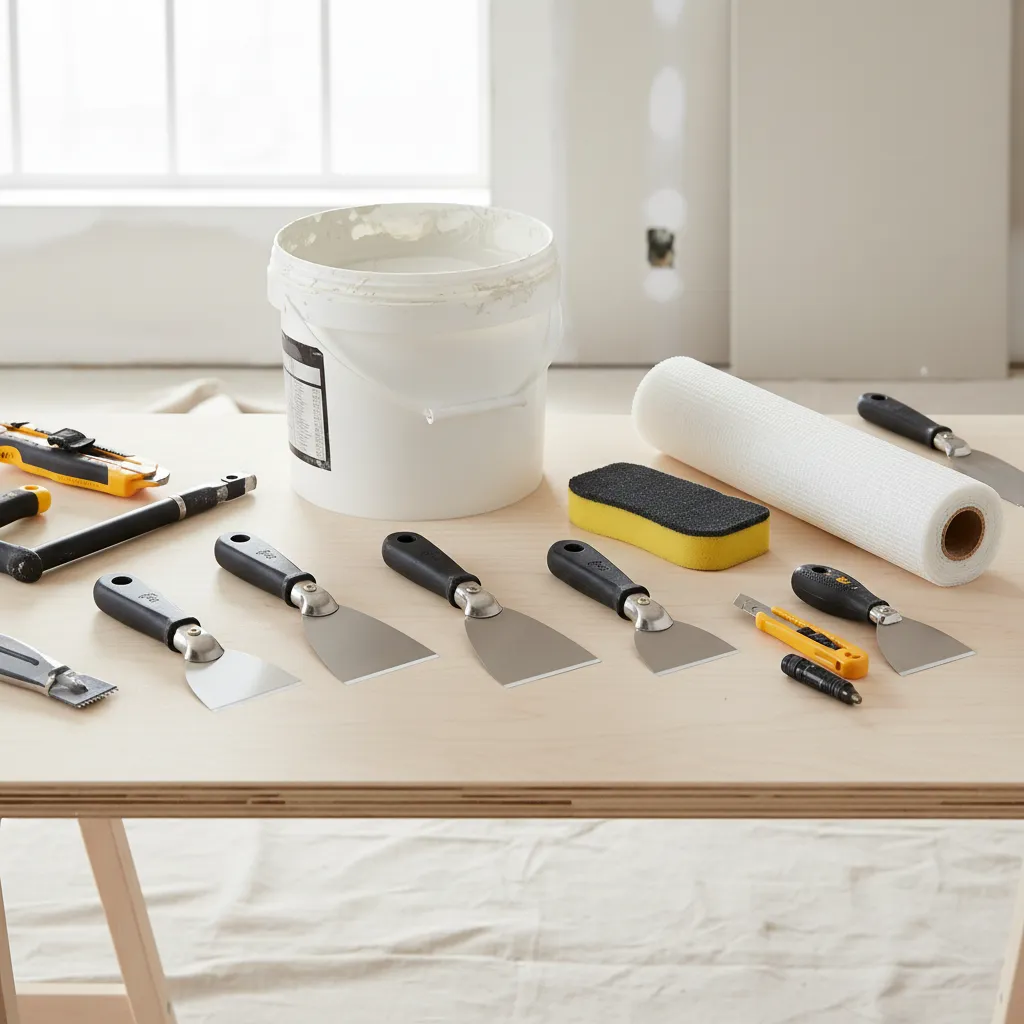 Professional drywall repair tools including taping knives mesh patches and joint compound