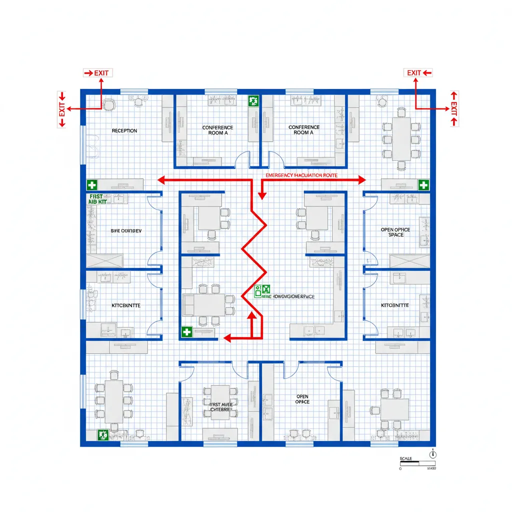 detailed evacuation floor plan for office created with professional safety planning software
