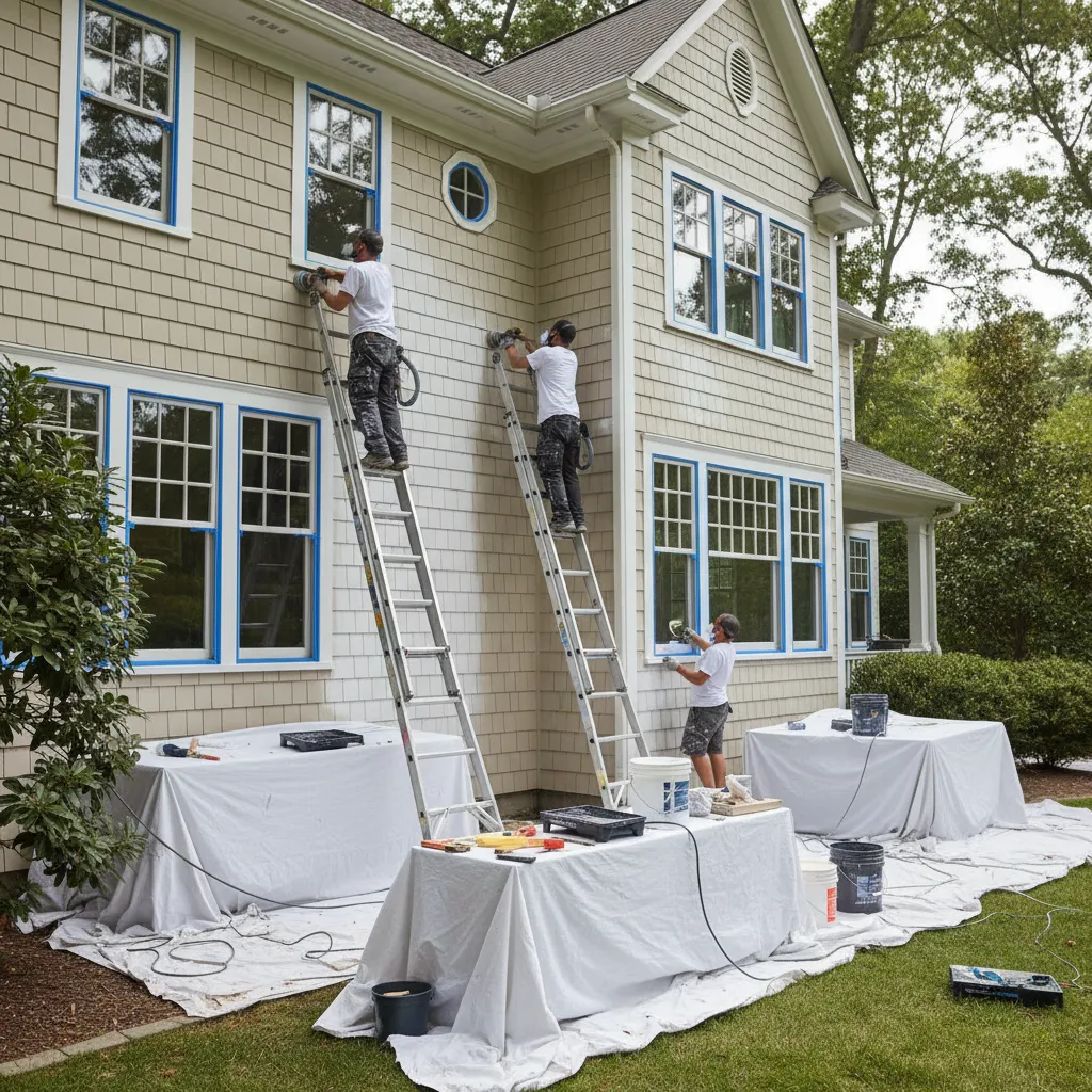 Professional painters preparing large home exterior with sanding and primer