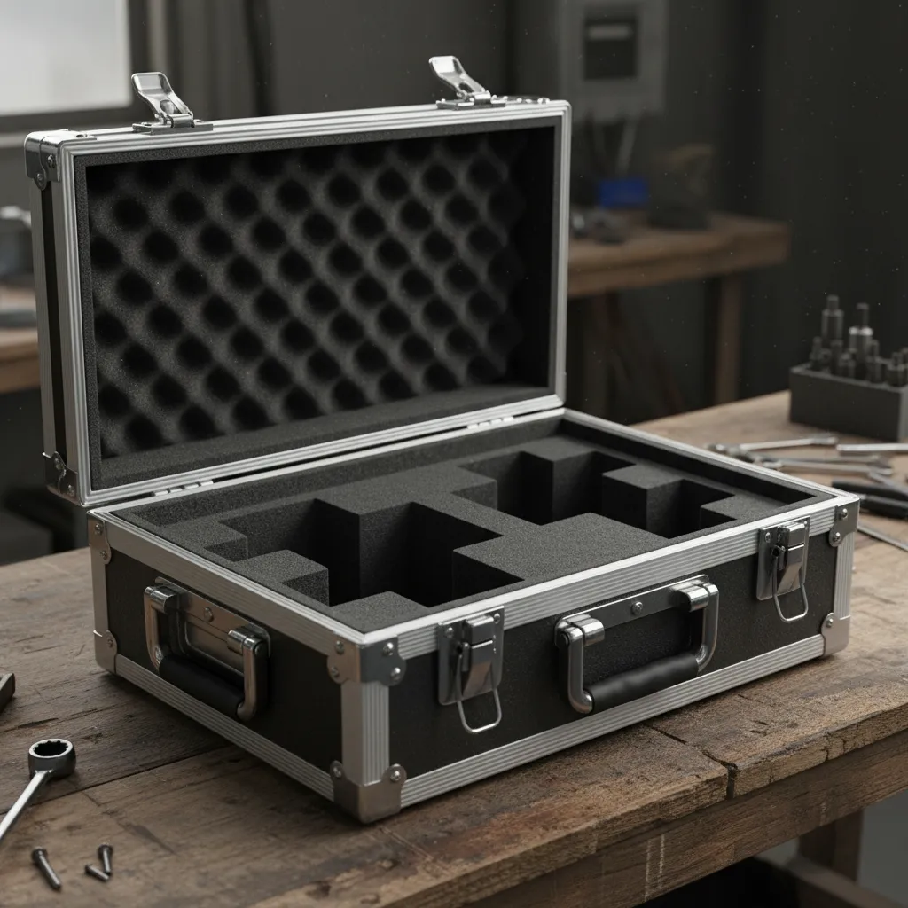 Flight case profesional abierto con herrajes metálicos y espuma protectora