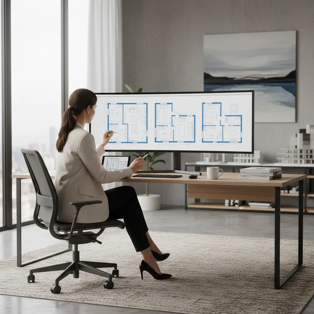 Interior designer reviewing multiple floor plan layout options on large screen