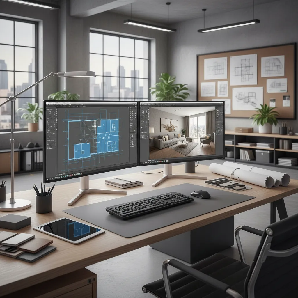 professional designer creating a precise floor plan on a computer workstation