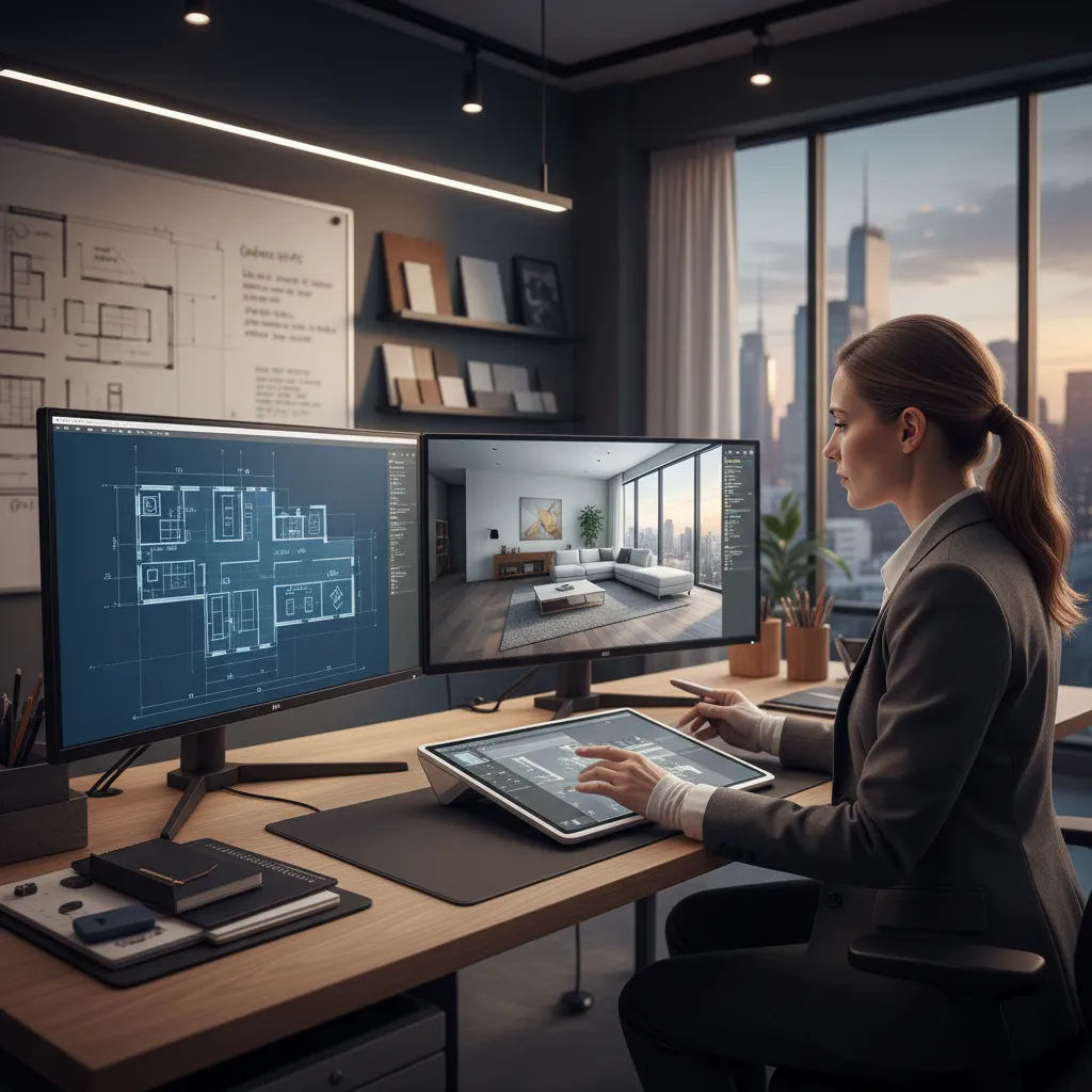 Professional interior designer working on detailed digital floor plan model