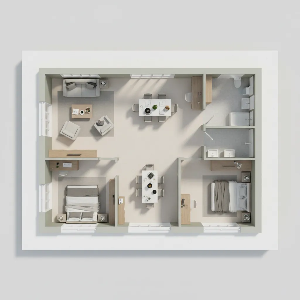 Clean professional interior floor plan presentation with soft colors and furniture layout